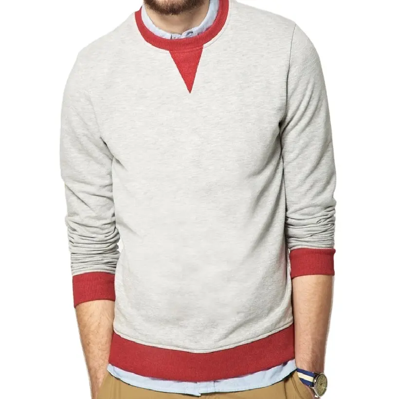 Sweatshirt Pria dengan Potongan Bulu Kontras Pola Kustom Pulover Musim Dingin Crewneck Panjang