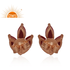 Leaf Shape Rose Gold Plated Stud Earrings 925 Silver Jewelry Supplier Ruby Corundum Gemstone Earrings - Product Image 3