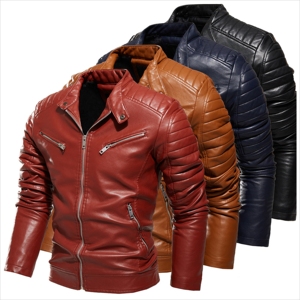 Chaqueta de cuero para hombre, abrigo de PU de Color sólido, chaqueta de motocicleta de felpa para invierno - Product Image 1
