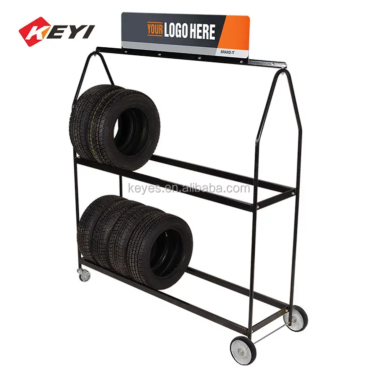 Wholesale custom black powder coated metal mobile tire rack display cart rolling tire storage rack