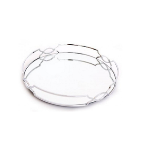 Bandeja de servicio de espejo de calidad súper estándar Bandeja multifuncional decorativa con marco de metal plateado de forma redonda - Product Image 2