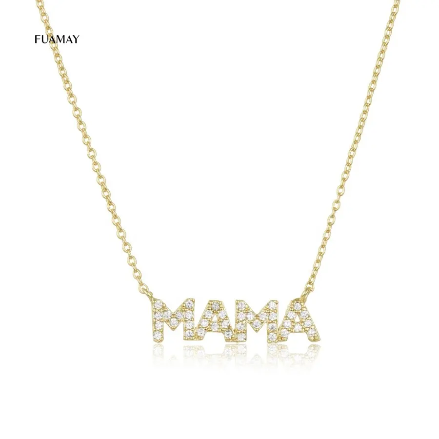 FUAMAY Woman Dainty White CZ Zirconia Diamond Mama Necklace Sterling Silver Mama Mom Necklaces