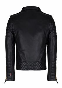Chaqueta de motorista con cremallera para hombre, de cuero de vaca negro de alta calidad, disponible en todos los colores de cuero, hecha en Pakistán - Product Image 3