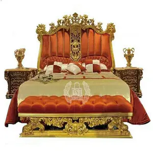 Reale Oro Lucido King-Size Bed & Lato Tavoli di Lusso In Oro Intagliato Mobili Camera Da Letto Reale Naturale Intagliato Bed & comodini