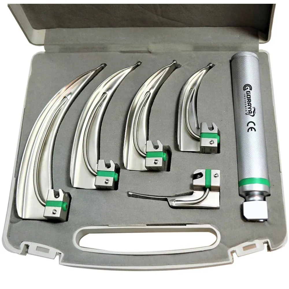 HOT SALE GORAYA GERMAN STAINLESS FIBER OPTIC Laryngoscope Mac Set of 5 BLADE & HANDLES EMT Anesthesia CE ISO APPROVED