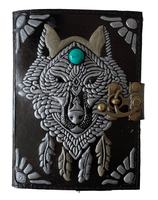 Visage de loup fait à la main en relief avec pierre verte Double couleur noire avec livre d'argent de l'ombre 100% cahier de journal en cuir véritable