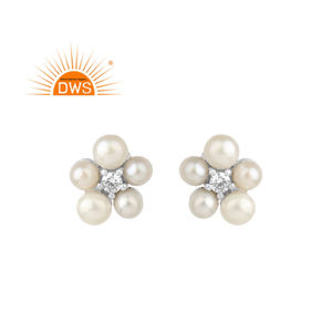 Ensemble de perles et de zircons Boucles d'oreilles en argent 925 de créateur floral plaqué rhodium blanc Fournisseur de bijoux - Product Image 1