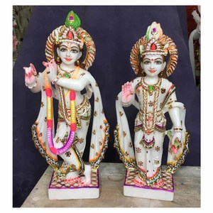 Estatua de mármol blanco Natural de alta clase, diosa colorida y Dios Radha Krishna, con flauta de juego - Product Image 1