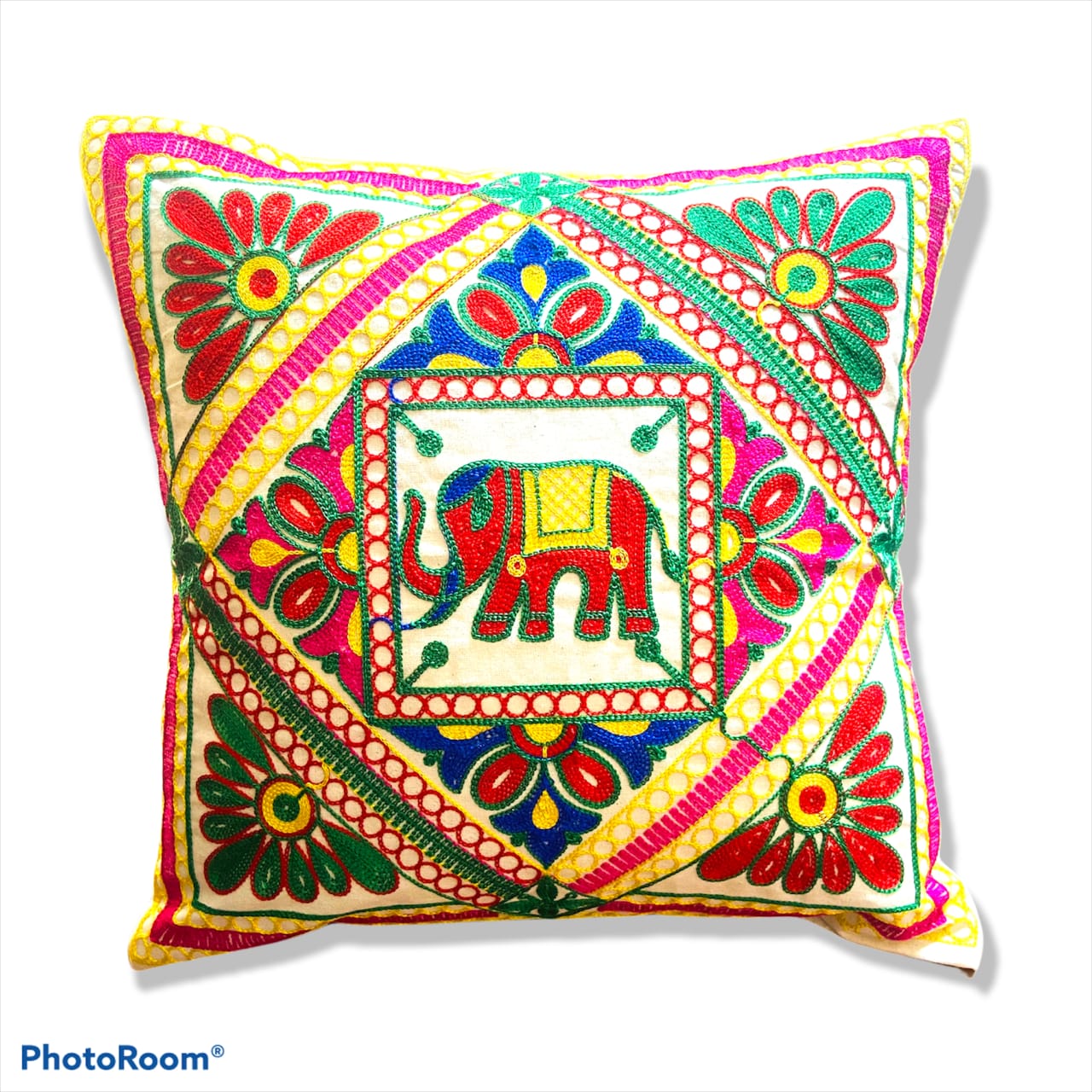 Federa Copricuscino Quadrata In Cotone Indiano Ricamato A Mano – Elefante In Broccato – Commercio Equo – 45x45 Cm O 60x60 Cm (Viola/Strisce Rosse)