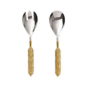 Metal Decorative Salad Serving Set Stainless Steel Silver Mirror Polished with Brass <b>Gold</b> Leaf Design Handle - Product Image 1
