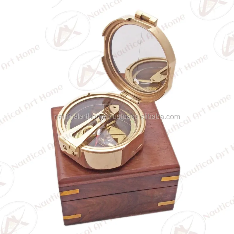 Nautical Brass Brunton Compass with Wooden Box - 3" Vintage Wholesale Camping Prismatic Compass by Nautical Art Home - NAH10069