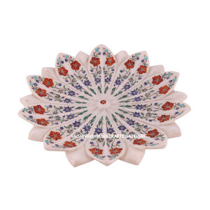 Plaque de décoration en forme de fleur en marbre fait à la main belle incrustation de pierre semi-précieuse polie et sculptée décor de cadeau pour la maison - Product Image 2