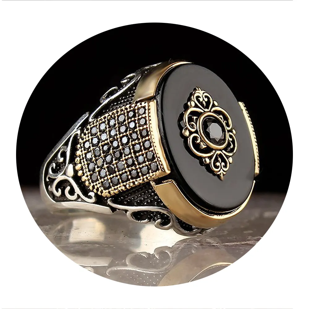 Мужское классическое кольцо из серебра 925 пробы, с черным ониксом и фианитом