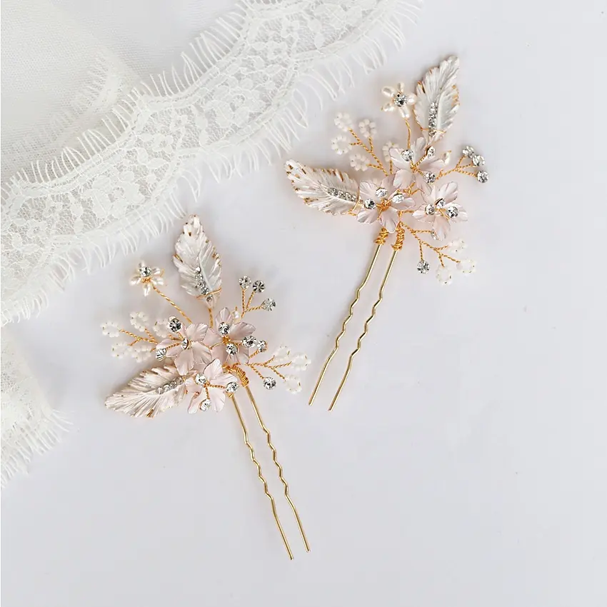 In stock gold silver plating leaves small flowers high quality pearl clear rhinestone crystal fancy bridal floral hair pin