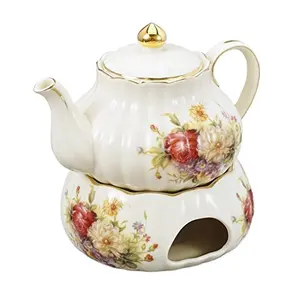 Juego de té de porcelana de 8 "(850ml), tetera estampada con flores de marfil y calentador de té