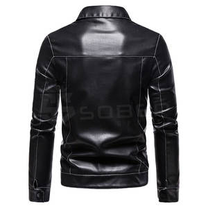 Veste en cuir mince d'hiver pour hommes, couleur unie noire avec tissu en toile pour les saisons froides - Product Image 3