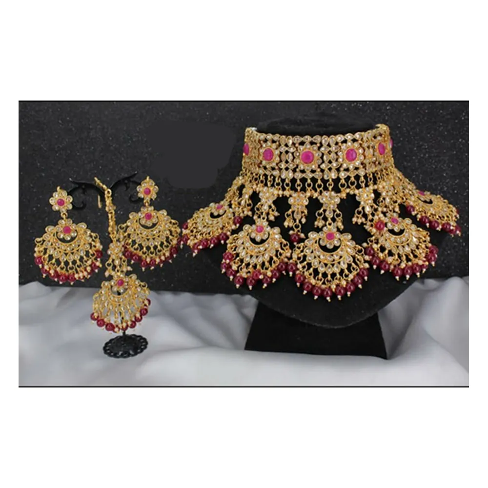 Kalung Manik-manik Polki Zamrud Set Perhiasan Pengantin Berat Buatan untuk Wanita Dijual Dalam Jumlah Besar