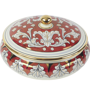 Boîte en céramique à la main peinte à la main, fabriquée en italie avec un lustre métallique en or pur et rouge - Product Image 1
