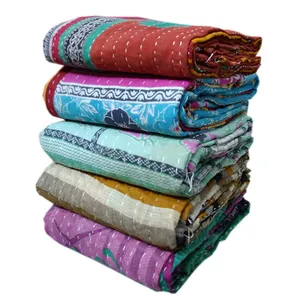 Wholesale Lot Indian Handmade Cotton Kantha Quilt, Old Sari Patchwork Indian Bed Cover