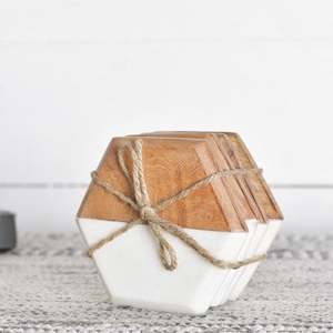 Posavasos de piedra de mármol seguro para una forma hexagonal saludable ecológica Juego de posavasos con almohadilla de copa de mármol blanco y madera para uso en fiestas y - Product Image 5
