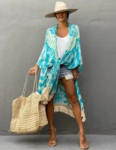 Harga grosir 2023 ikat celup buatan tangan 100% Rayon Kaftan gaun pantai untuk liburan musim panas pakaian renang Kimono kardigan dengan harga grosir