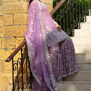Robe longue élégante de style KAMEEZ SHARARA, broderie avec des perles de verre de cristal, dbka, fonctionne pour des vêtements de fête/mariage @ 2022 - Product Image 1
