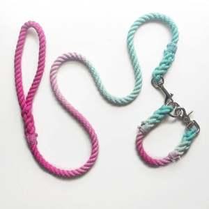Light Color Double Ombre Rope Dog <b>Collar</b> with Rope <b>Leash</b> - Product Image 1
