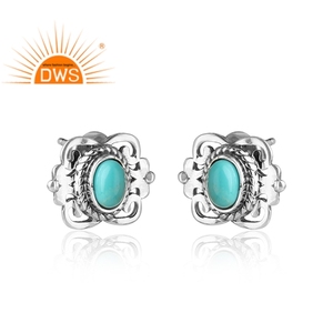 Bohemia Design Oxidized 925 Sterling Silver Bezel Setting <b>Earrings</b> Arizona <b>Turquoise</b> Gemstone Women's Unisex <b>Stud</b> Party Gift - Product Image 2