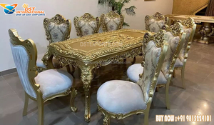 Mesa de comedor de madera de teca de estilo europeo, juego de mesa de comedor de 8 plazas con aspecto elegante, color dorado real - Product Image 4