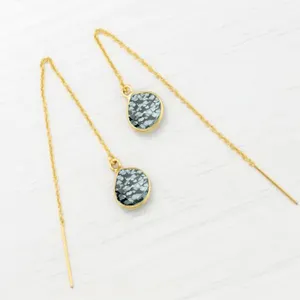 Snowflake Obsidian Heart Shape Bezel set Vermeil Threader Stud Earring Birthstones Jewelry's Earrings Pull Through Long Chain