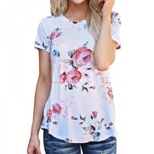 Camiseta de manga corta con cuello redondo para mujer, Camiseta 100% de algodón con diseño personalizado y estampado Floral - Product Image 1
