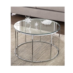 Mesa auxiliar de forma redonda de calidad superior Base de metal y vidrio en la parte superior Mesa de café y té de color plateado a granel - Product Image 1