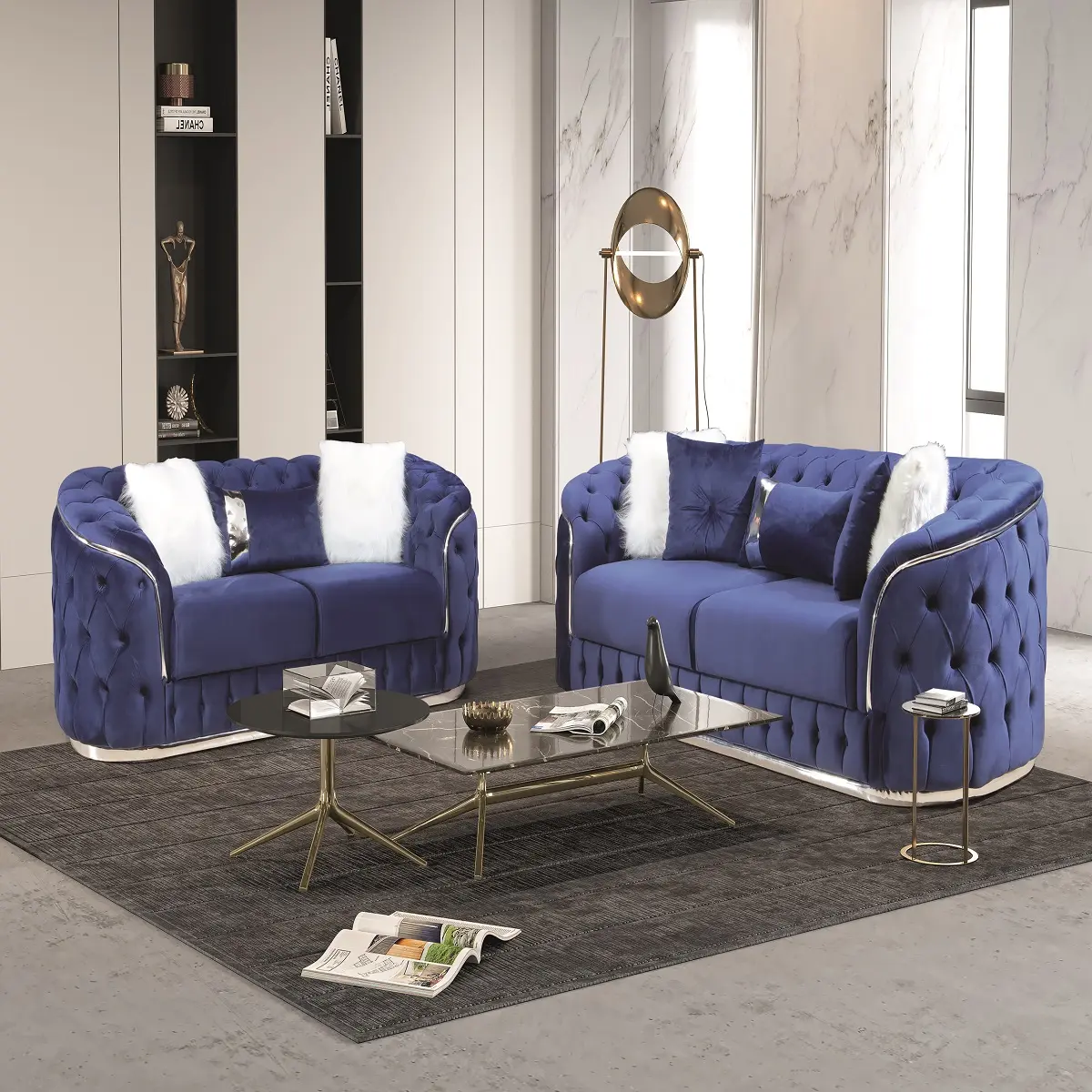 Made In Turkey Deep Button Sofa Design Chesterfield Luxus-Sofa garnitur Das Surrey 3 & 2-Sitzer-Sofa in Blau mit silberner Oberfläche