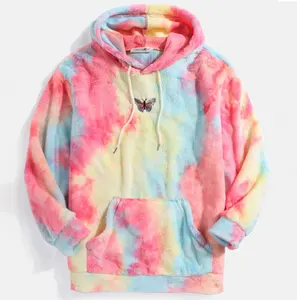 Custom Mens Vlinder Geborduurde Tie-Dye Fleece Pluizige Pouch Pocket Teddy Hoodie