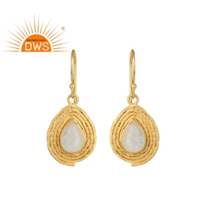 Natural Pear Cut Rainbow Moonstone <b>Earrings</b> Jewelry Wholesale Gold Plated 925 <b>Silver</b> <b>Dangle</b> Design Jewelry Supplier - Product Image 1