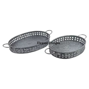 Plateau de service galvanisé traditionnel ensemble de trois plats de service faits à la main en gros plateau de service galvanisé de forme ovale vintage - Product Image 2