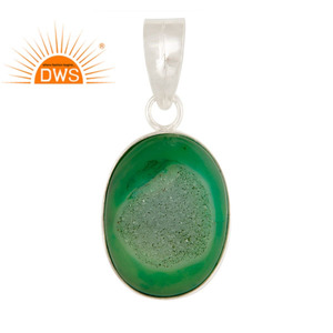 Natural Green Druzy Agate Gemstone Pendant Fine Women's Gift Jewelry Supplier Oval Shaped 925 Sterling Silver Pendant Jewelry - Product Image 1