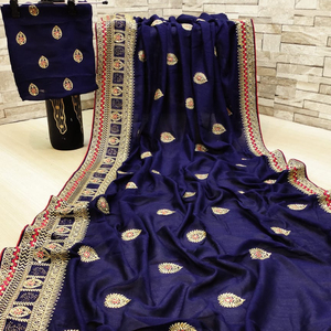 Plus belle tenue de soirée Vichitra soie broderie travail Saree femmes indiennes portent Sari pas cher bas prix en gros Surat vêtements - Product Image 1