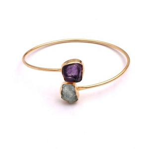 Vente en gros de bijoux en laiton plaqué or, améthyste violette et aigue-marine, bijoux faits à la main, pierres précieuses, bracelets réglables pour femmes - Product Image 1