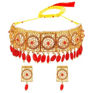 Conjunto de joyería Kundan de cristal chapado en oro indio, Gargantilla de boda de Bollywood, collar y pendientes para mujeres y niñas para fiestas - Product Image 1
