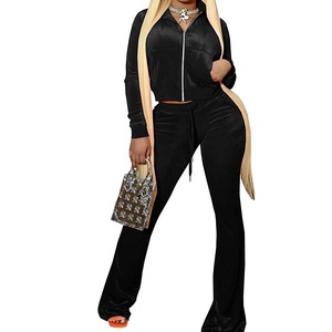 PIHA SPORTS Custom Logo Women's Winter Sporty 2-Piece Velour Zip-Up Crop Jacket Bell Bottoms <b>Pants</b> Pockets Tracksuit - Product Image 6