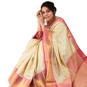 Kanchipuram-Saree de seda tejido a mano con rico contraste, tejido con diseño de figura, Pallu n Rich Zari - Product Image 1