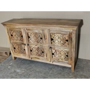 Aparador de madera tallado de tres puertas, armario de almacenamiento de madera de hierro y mango con puertas talladas - Product Image 4