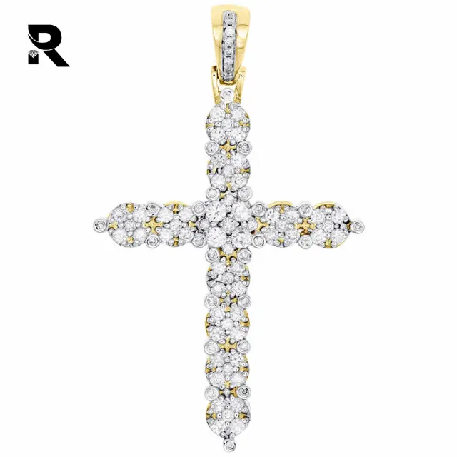 1.25 Carat 10K Yellow Gold Genuine Round Diamond Cross Mens Circle Cluster Charm