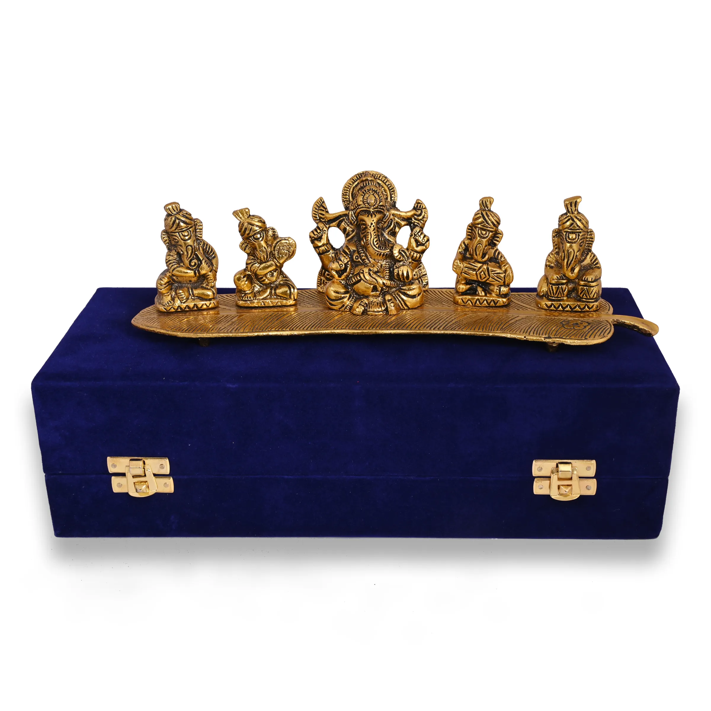 Escultura de Ganesha chapado en oro elegante, juego de 5 esculturas de aluminio sentado en la hoja