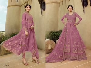 Papriko Setelan Rok & Celana Anarkali, Rok & Celana Bordir, Banglori Jaring Lembut, Bawahan Satin dengan Sepatu Renda Samping - Product Image 4