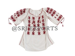 Women Traditional Embroidered Blouse Red <b>Star</b> Pattern <b>Balloon</b> Sleeve O-Neck Loose Fit Cotton Top All Seasons Everyday Wear - Product Image 2