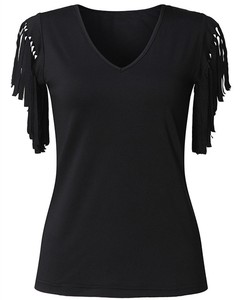 T-shirt à manches glands pour femmes Hauts élégants Vêtements pour femmes Motif solide Vêtements réguliers Longueur Prix raisonnable de haute qualité - Product Image 5