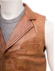 Chaleco de cuero de motorista para hombre HILV07 de cuero marrón genuino 100% - Product Image 3