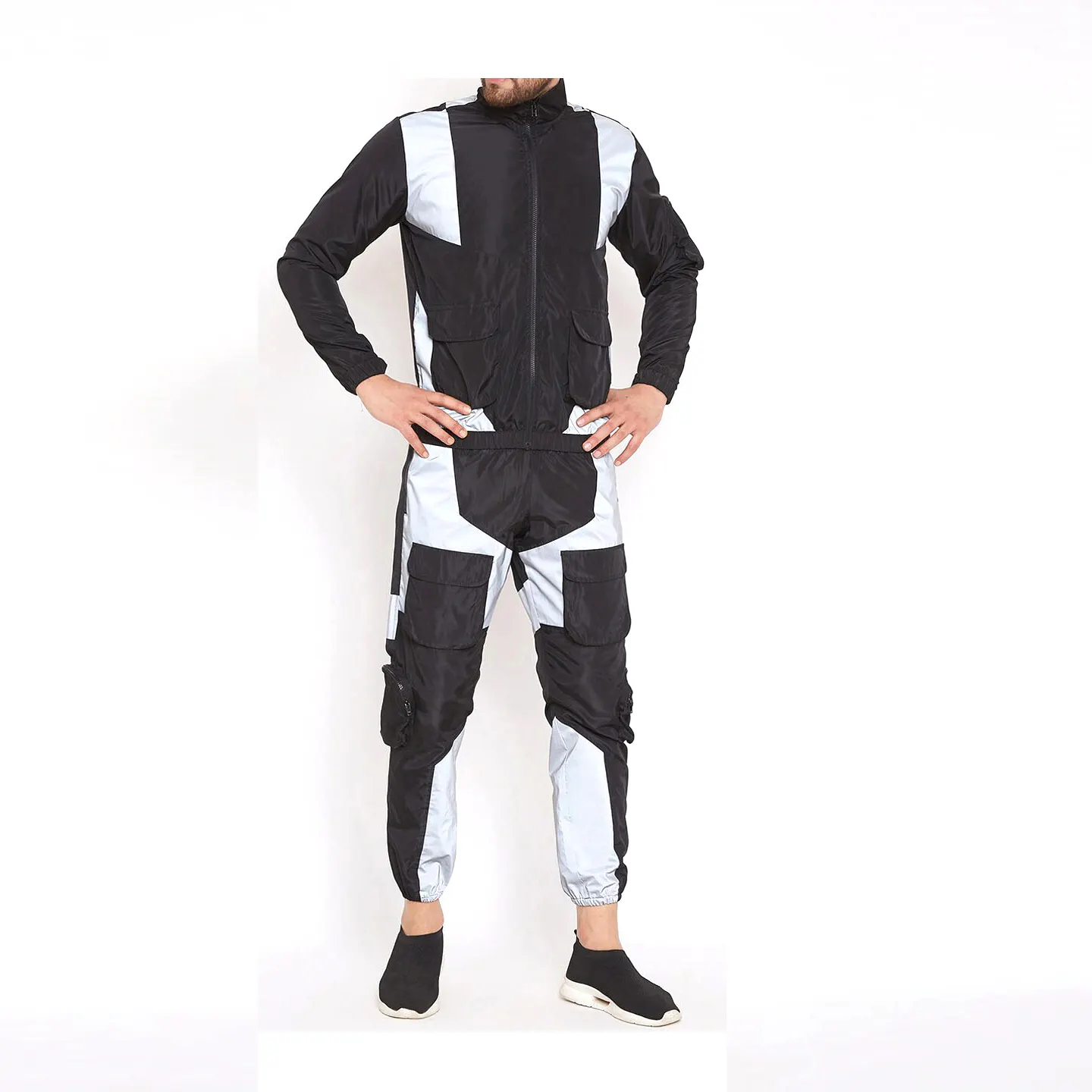 Heren Contrast Kleur Patchwork Fitness Slijtage Licht Gewicht Combo Trainingspak Met Front Baggy Zakken Reflecterende Panelen